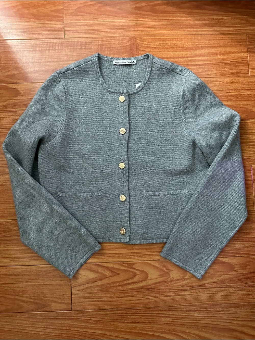 Abercrombie & Fitch Grey Round-Neck Button Cardigan with Gold Buttons
